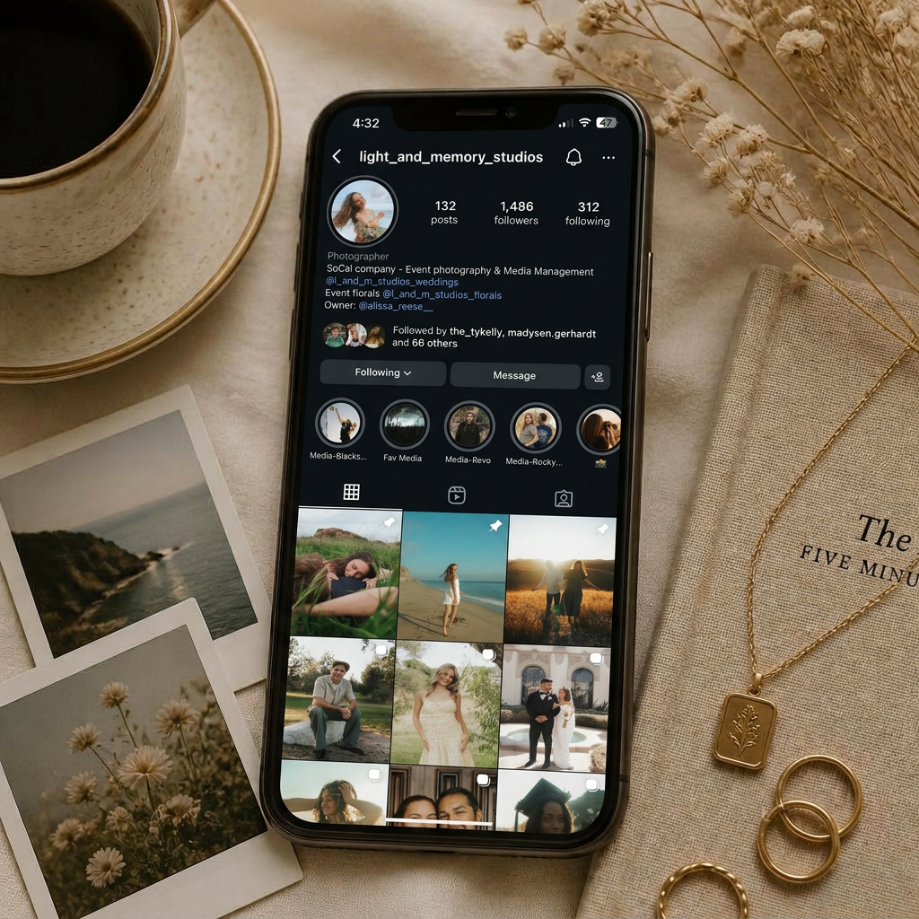 Social media content creation flat-lay with smartphone and polaroid prints